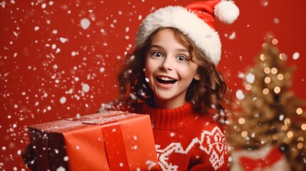 happy young cheerful girl laughs and jumps in christmas hat and with gift on red background.