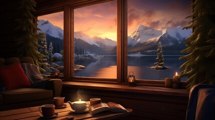  a window with a view of a mountain lake and a lit candle on a table in front of a window.  generative ai