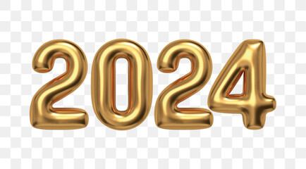 New Year 2024 text. Realistic golden 3d balloon numbers. Vector design.