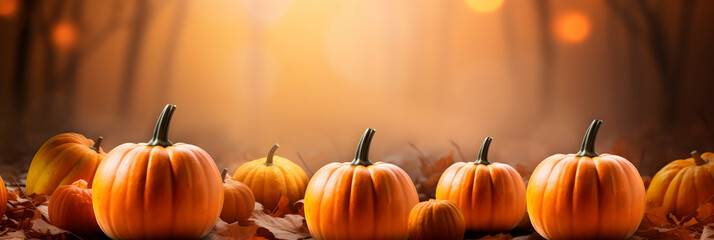 Autumn halloween pumpkins.Orange pumpkins on sunny bright background. Seasonal backdrop. Banner copy space. Generative AI.