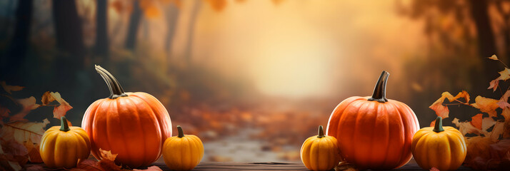 Autumn halloween pumpkins.Orange pumpkins on sunny bright background. Seasonal backdrop. Banner copy space. Generative AI.