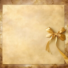 Blank gold background parchment or sign with soft brown, gold ribbon with bow, blank empty space, copy space, mockup paper shit, greetings card template, generative ai