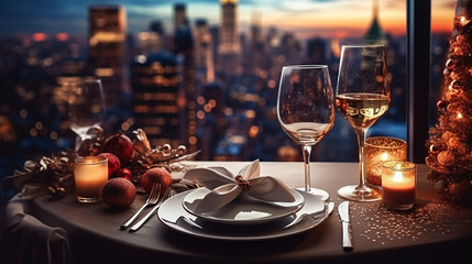 Christmas and New Year: Blurred Festive Table Setting with Decorated Tree, New York Landscape