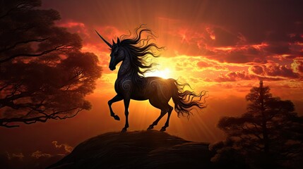Naklejka premium a painting of a unicorn on a hill with the sun setting in the background and trees in the foreground. generative ai
