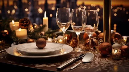 Cercles muraux Paris Christmas and New Year: Blurred Festive Table Setting with Decorated Tree, New York Landscape