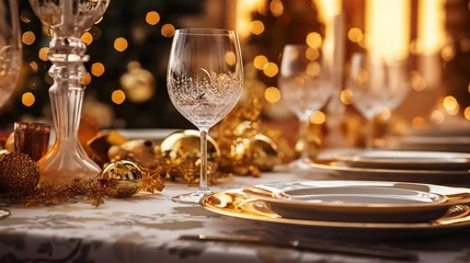Crédence de cuisine en verre imprimé Paris Christmas and New Year: Blurred Festive Table Setting with Decorated Tree, New York Landscape