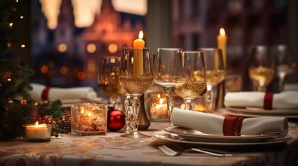 Papier Peint photo Paris Christmas and New Year: Blurred Festive Table Setting with Decorated Tree, New York Landscape