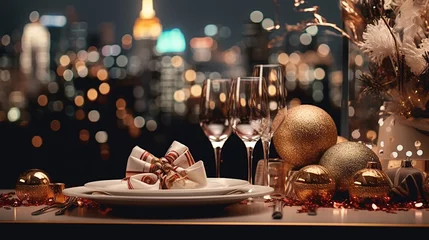 Store enrouleur Paris Christmas and New Year: Blurred Festive Table Setting with Decorated Tree, New York Landscape