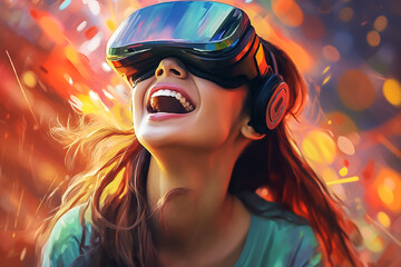 Concept image of a young woman immersed in a virtual reality world using VR goggles. Concept of virtual world, virtual life, futuristic technology