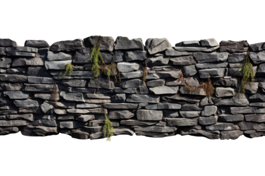 black brick stone wall and fence, isolated on a transparent background. PNG, cutout, or clipping path.	
