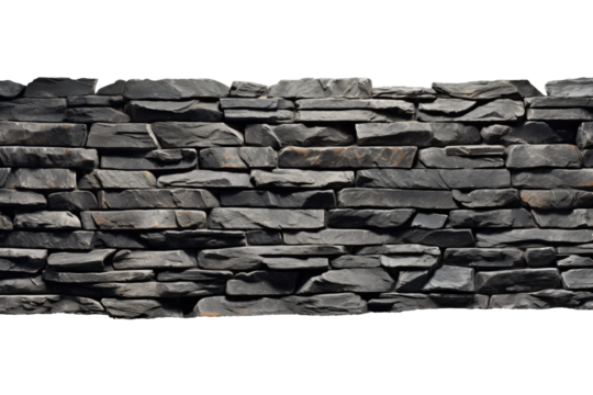 Black brick stone wall and fence. isolated on a transparent background. PNG, cutout, or clipping path.	
