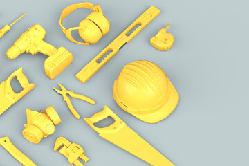 Top view of monochrome construction tools for repair on grey background - obrazy, fototapety, plakaty