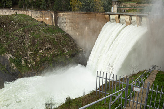 Canicada dam water discharge due to excessive rain in recent days - 02 November 2023. "Barragem da Canicada" is located in Minho region, North of Portugal