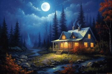 Nighttime cottage in the mountains, illuminated by a full moon and countless stars. Generative AI