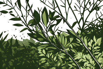 Branches of green wildlife foliage leaves background nature theme comic art style
