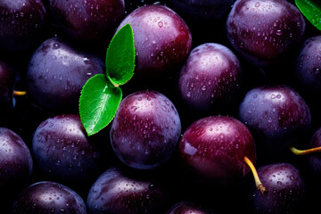 plums with leaves close up background