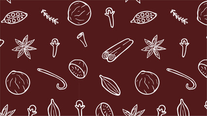 Seamless pattern of mulled wine spices, anise stars, cinnamon, fir branches, orange slices, zest, cloves. Hot drink recipe ingredients. Vector wallpaper. Hand drawn backdrop. Aromatic spice.