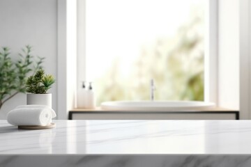 Empty marble table top for product display with blurred bathroom interior background. White bathroom interior. 