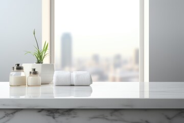 Empty marble table top for product display with blurred bathroom interior background. White bathroom interior. 