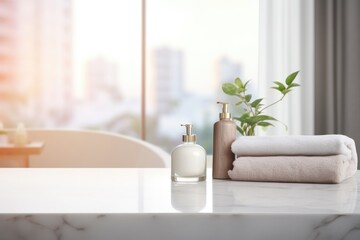 Fototapeta premium Empty marble table top for product display with blurred bathroom interior background. White bathroom interior. 