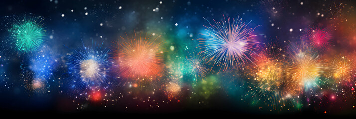 Fototapeta na wymiar Colorful firework with bokeh background. New Year celebrating. Seasonal background with copy space, invitation greetings card, bright banner, generative ai