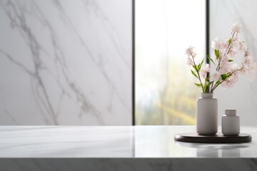 Empty marble table top for product display with blurred bathroom interior background. White bathroom interior. 