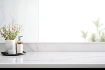 Empty marble table top for product display with blurred bathroom interior background. White bathroom interior.  - obrazy, fototapety, plakaty