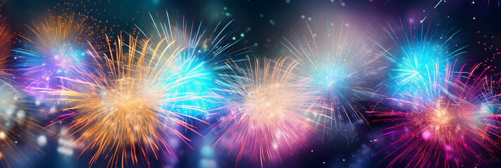 Fototapeta premium Colorful firework with bokeh background. New Year celebrating. Seasonal background with copy space, invitation greetings card, bright banner, generative ai