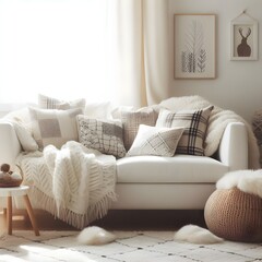 Living room into a cozy Scandinavian oasis with a white sofa adorned with plush pillows and a warm plaid throw.