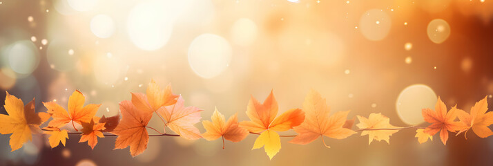 Fall background. Autumn colorful leaves and sun flares, copy space, generative ai