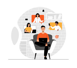 Video conference and call. Online meeting and telecommunication, remote workers and employees. Illustration with people scene in flat design for website and mobile development.