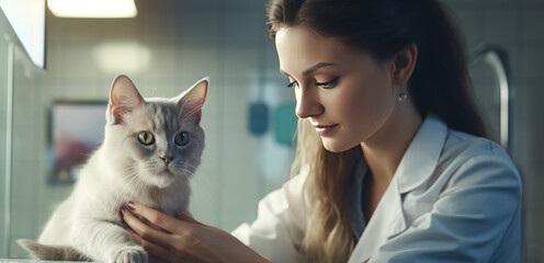 A girl, a veterinarian, examines a cat at the reception. The work of a veterinarian.
