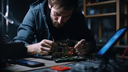 A male technician repairs electronics, phones, and laptops. Operation and repair process.