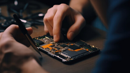 A male technician repairs electronics, phones, and laptops. Operation and repair process.