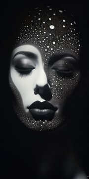  a black and white photo of a woman's face with white dots on her face and her eyes closed.  generative ai