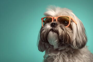 Creative animal concept. Shih Tzu dog puppy in sunglass shade glasses isolated on solid pastel background, commercial, editorial advertisement, surreal surrealism.	 - obrazy, fototapety, plakaty