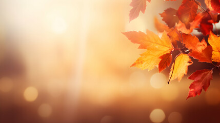 Naklejka na ściany i meble Fall background. Autumn colorful leaves and sun flares, copy space, generative ai