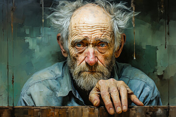 Vieil homme dont le visage exprime la solitude et la tristesse - obrazy, fototapety, plakaty