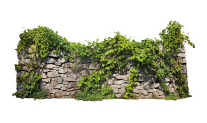 Bunch of green leaves hanging from the old wall on white transparent background. 