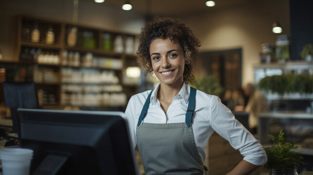 Smiling female cashier at checkout counter with digital tablet in store