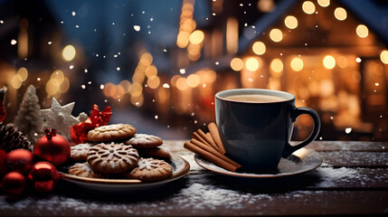 Christmas background with cup of hot coffee cacao against holiday market. Colorful bokeh, magic lights on evening. Copy space. Seasonal banner, wallpaper. Generative ai. - obrazy, fototapety, plakaty