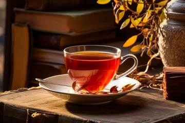 Fototapeten Steaming mug of healthy Rooibos tea resting on an old wooden table with a classic novel and colorful fall foliage © aicandy