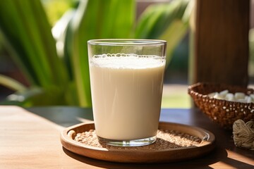 Sunlit scene of a delicious glass of traditional Mexican Horchata on a vintage wooden table