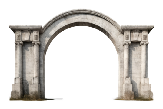 Antique concrete archway, a grand entryway, isolated on a transparent background. PNG, cutout, or clipping path.