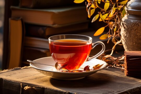 Steaming mug of healthy Rooibos tea resting on an old wooden table with a classic novel and colorful fall foliage