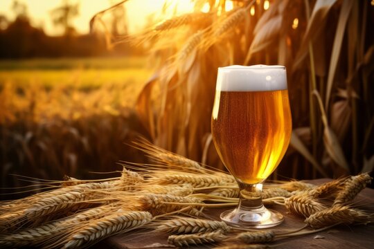 A refreshing pint of Blonde Ale resting amidst a field of ripe barley under a sun-kissed sky