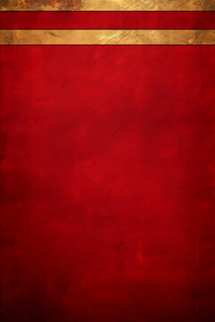 Red background with old grunge texture graphic art layout. Golden stripe with copy space. Greetings invitation card template. Vertical format. Generative AI.