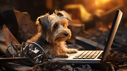 Dog sits in front of a laptop computer. The dog is looking at the screen with interest. Dog working on laptop. - obrazy, fototapety, plakaty