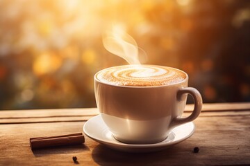 An inviting cup of frothy caramel honey latte resting on a rustic table under the warmth of morning light