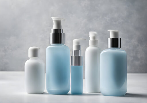 Modern minimalist facial cream bottles unlabelled bottles white and baby blue translucent glass. Generative AI